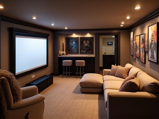 A cozy finished basement with a home theater setup.