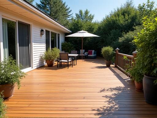 A spacious wooden deck in a residential backyard.