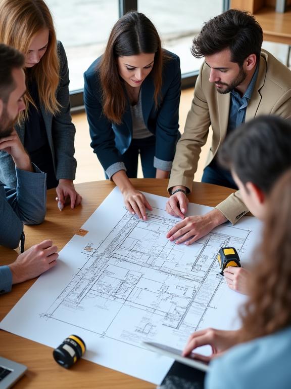 The Aurora Renew team collaborating over architectural blueprints.